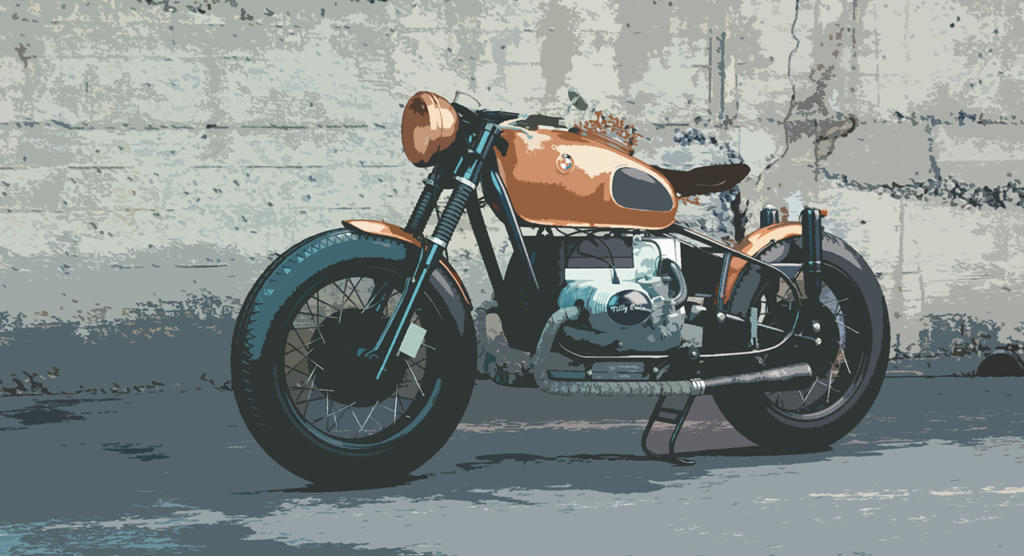 Ein Motorrad im Vintage-Stil mit orangefarbenem Tank und schwarzem Rahmen lehnt an einer verwitterten Betonwand und sieht aus, als wäre es einem Photoshop-Foto entsprungen. Sein minimalistisches Design, der klassische Lenker und die Reifen verleihen ihm einen stimmungsvollen Retro-Look.