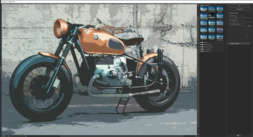 Eine digitale Illustration eines klassischen Motorrads im Vintage-Design mit kupferfarbenem Finish vor einer strukturierten Betonwand. Die Bildbearbeitungsoberfläche mit Photoshop-Filtern und Anpassungsoptionen wird auf der rechten Seite angezeigt.