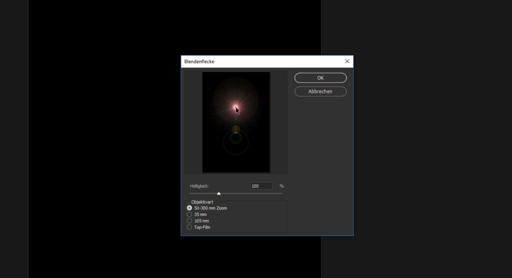 Screenshot einer digitalen Benutzeroberfläche mit einem „Lens Flare“-Effektfenster im Photoshop-Filtermenü. Es enthält Optionen für Helligkeit, Objektivtyp (50–300 mm Zoom, 35 mm Prime, 105 mm Prime und 105 mm Top Film) sowie Schaltflächen „OK“ und „Abbrechen“.