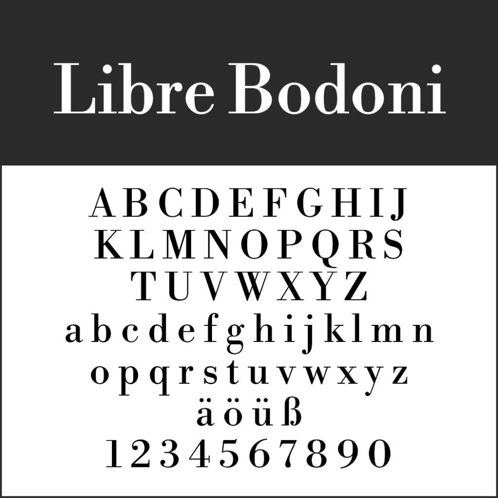 Schriftbeispiel von „Libre Bodoni“ angezeigt. Enthält Großbuchstaben A–Z, Kleinbuchstaben a–z, Sonderzeichen (ä, ö, ü, ß) und die Ziffern 0–9. Der Text ist im klassischen Serifenstil gehalten und in Schwarz auf weißem Hintergrund dargestellt.