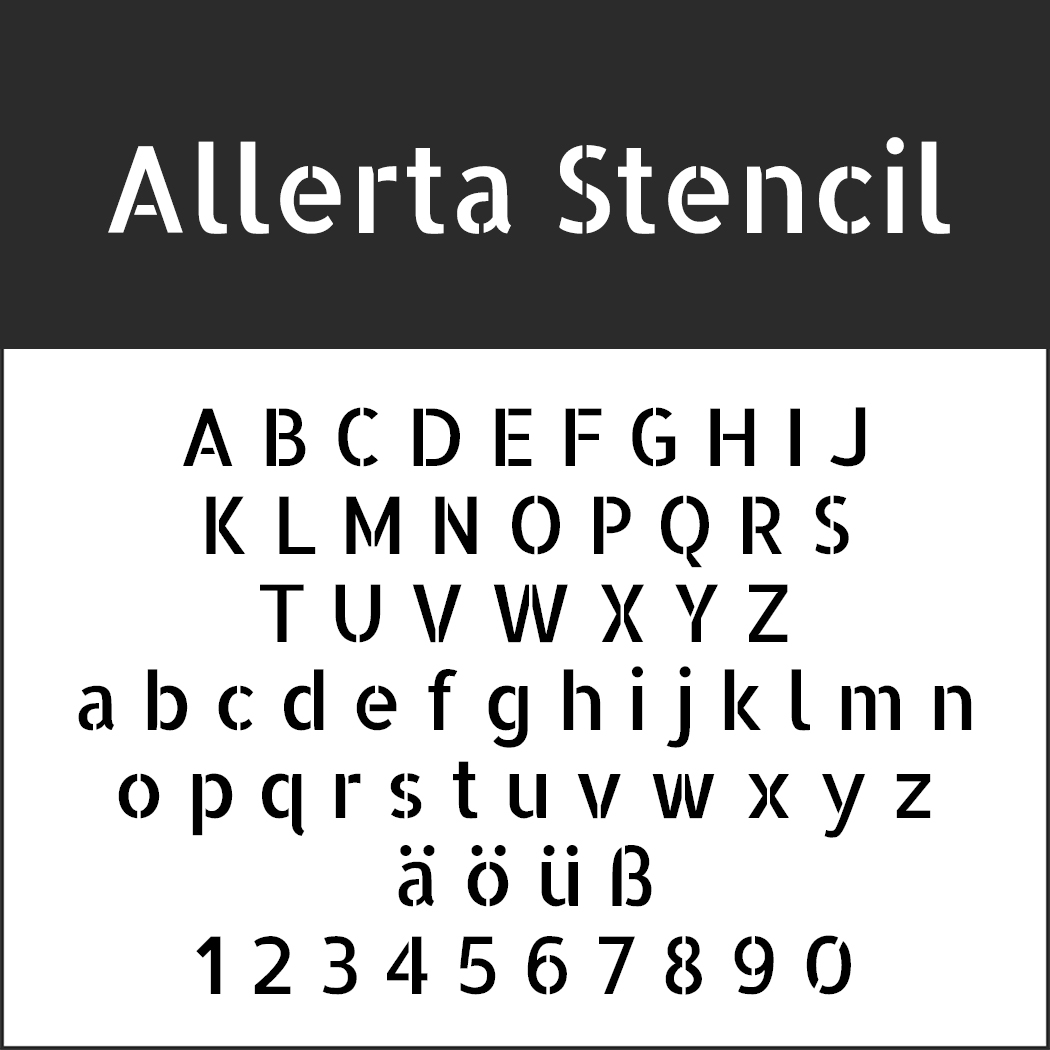 Beispielbild einer Schriftart, das oben „Allerta Stencil“ mit Groß- und Kleinbuchstaben zeigt, einschließlich der Akzentbuchstaben ä, ö, ü und der Zahlen 0–9 in einem Schablonendesign.