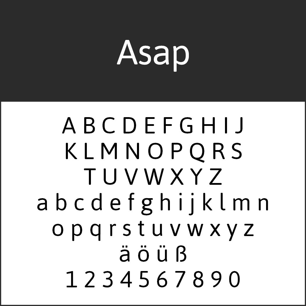Ein Beispiel der Schriftart „Asap“. Enthält Großbuchstaben A–Z, Kleinbuchstaben a–z, die Sonderzeichen ä, ö, ü, ß und die Ziffern 0–9. Der Text ist zentriert auf weißem Hintergrund mit einer schwarzen Überschrift, die den Schriftnamen anzeigt.