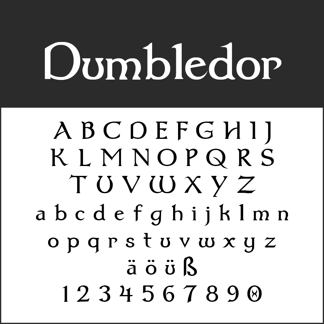 Schriftbeispiel mit dem Titel „Dumbledor“ in Groß- und Kleinbuchstaben sowie Sonderzeichen und den Ziffern 0–9. Die Schrift ist dekorativ und serifenartig und wird vor einem schwarz-weißen Hintergrund dargestellt.