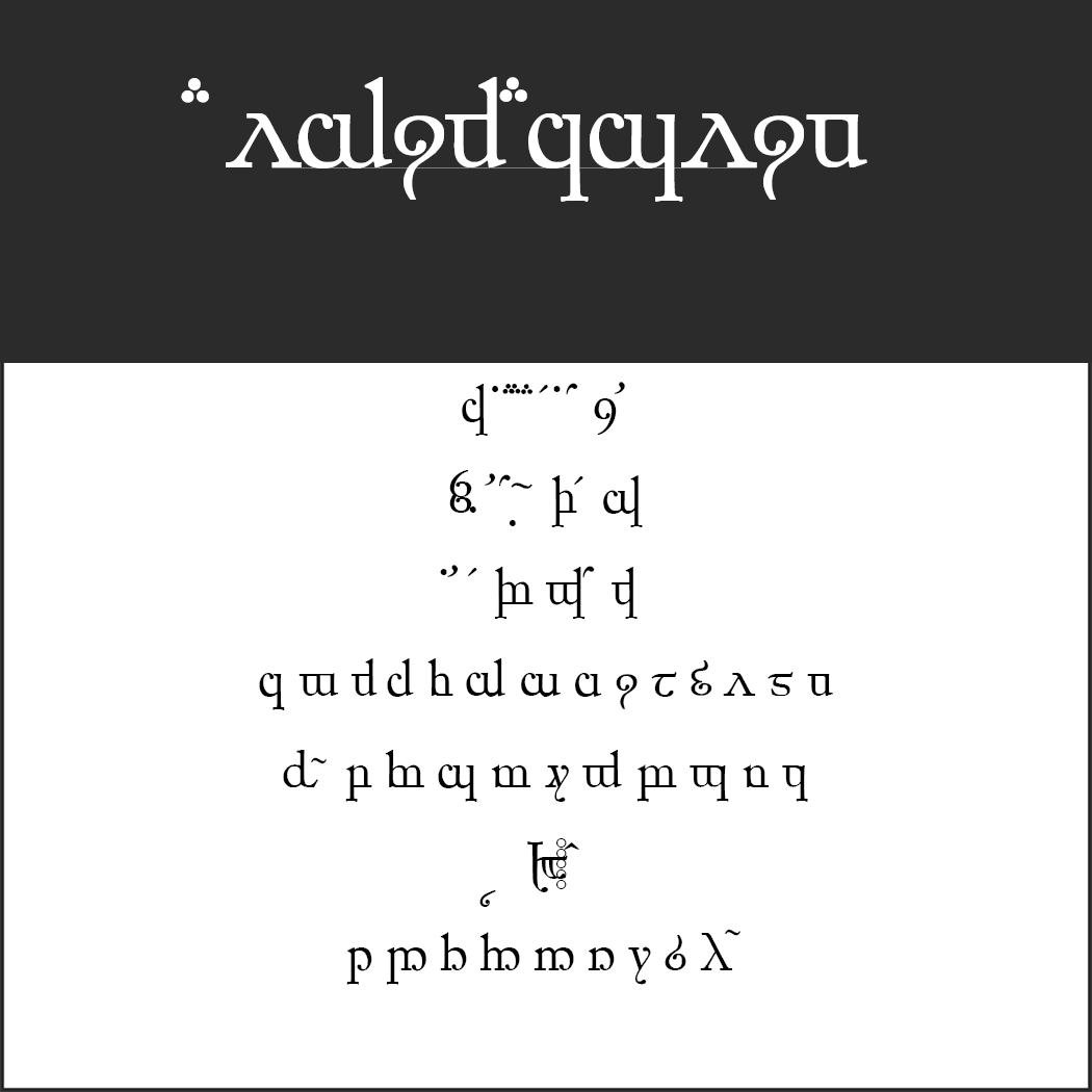 Stilisierter schwarz-weißer Text mit dekorativen Symbolen, die einer unbekannten Schrift ähneln, ähnlich der „Herr der Ringe“-Schrift. Der obere Abschnitt zeigt größere, fette Buchstaben auf schwarzem Hintergrund, während der untere Abschnitt kleinere Symbole zeigt, die sorgfältig in Zeilen angeordnet sind.