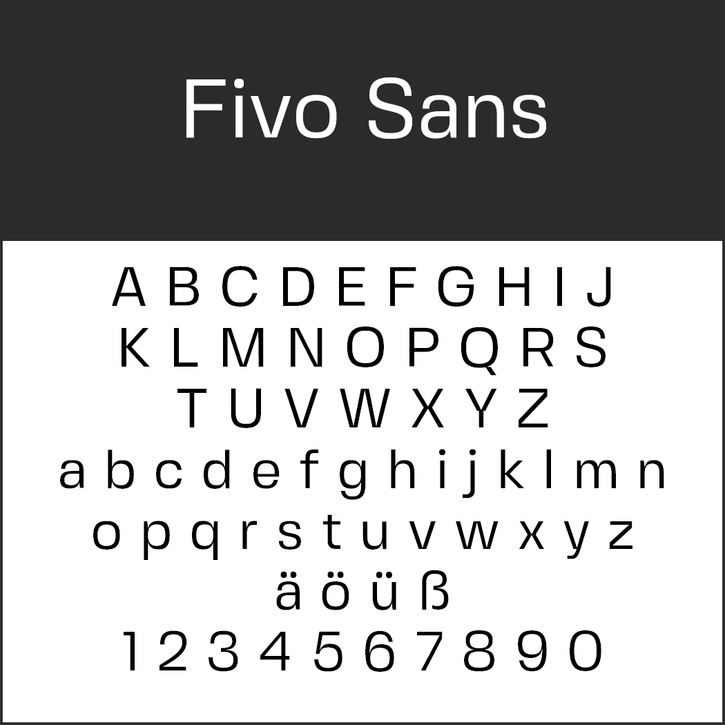 Erleben Sie die Schriftart Fivo Sans, eine markante Alternative zu Helvetica, mit Groß- und Kleinbuchstaben von A bis Z, den Sonderzeichen ä, ö, ü, ß und den Zahlen 0 bis 9. Diese moderne serifenlose Schriftart besticht durch ein klares und zeitloses Design.