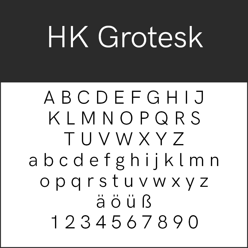 Text mit „HK Grotesk“ und einem Schriftbeispiel mit Groß- und Kleinbuchstaben, den Sonderzeichen ä, ö, ü, ß und den Ziffern 0–9. Dieser klare, serifenlose Stil ist eine hervorragende Helvetica-Alternative für moderne Designanforderungen.
