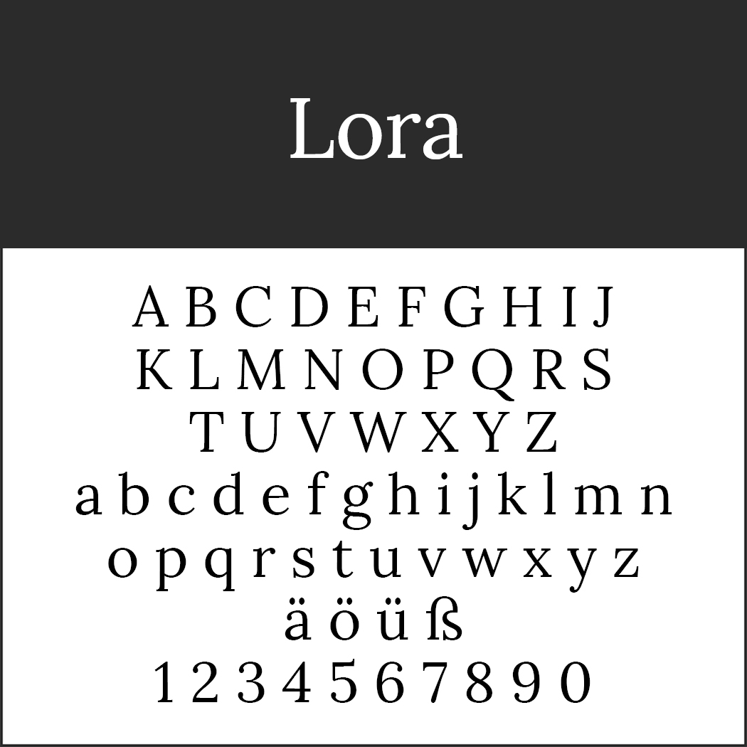 Ein Schriftbeispiel für die Schriftart „Lora“, eine anspruchsvolle Alternative zu Times New Roman, zeigt Großbuchstaben, Kleinbuchstaben, Sonderzeichen (ä, ö, ü, ß) und die Ziffern 0-9. Die elegante und ausgewogene Schrift wird auf weißem Hintergrund mit dunkler Überschrift dargestellt.