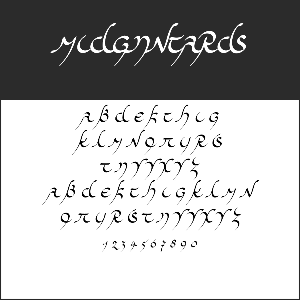 Kalligrafisches Alphabet und Zahlen mit eleganten, fließenden Buchstaben in einer stilisierten Schriftart, die an die „Herr der Ringe“-Schrift erinnert. Groß- und Kleinbuchstaben werden neben den Zahlen 1-9 und 0 angezeigt. Auf einem oberen Banner steht „MIDGARD“ in derselben bezaubernden Schrift.