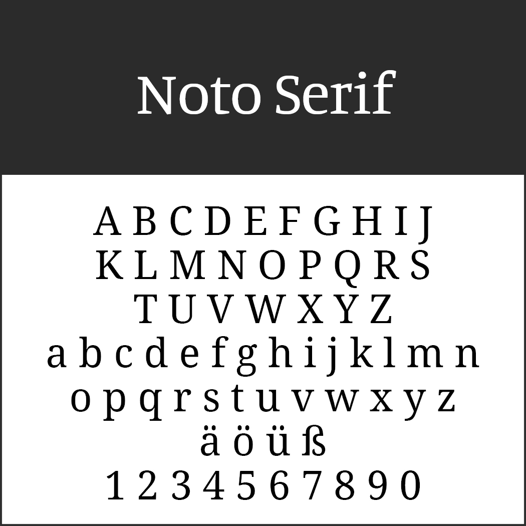 Entdecken Sie ein Bild der Schriftart Noto Serif – eine klare, vielseitige Alternative zu Times New Roman. Großbuchstaben A–Z, Kleinbuchstaben a–z, Sonderzeichen ä, ö, ü, ß und die Zahlen 0–9 heben sich in schwarzem Text vor einem makellos weißen Hintergrund ab.