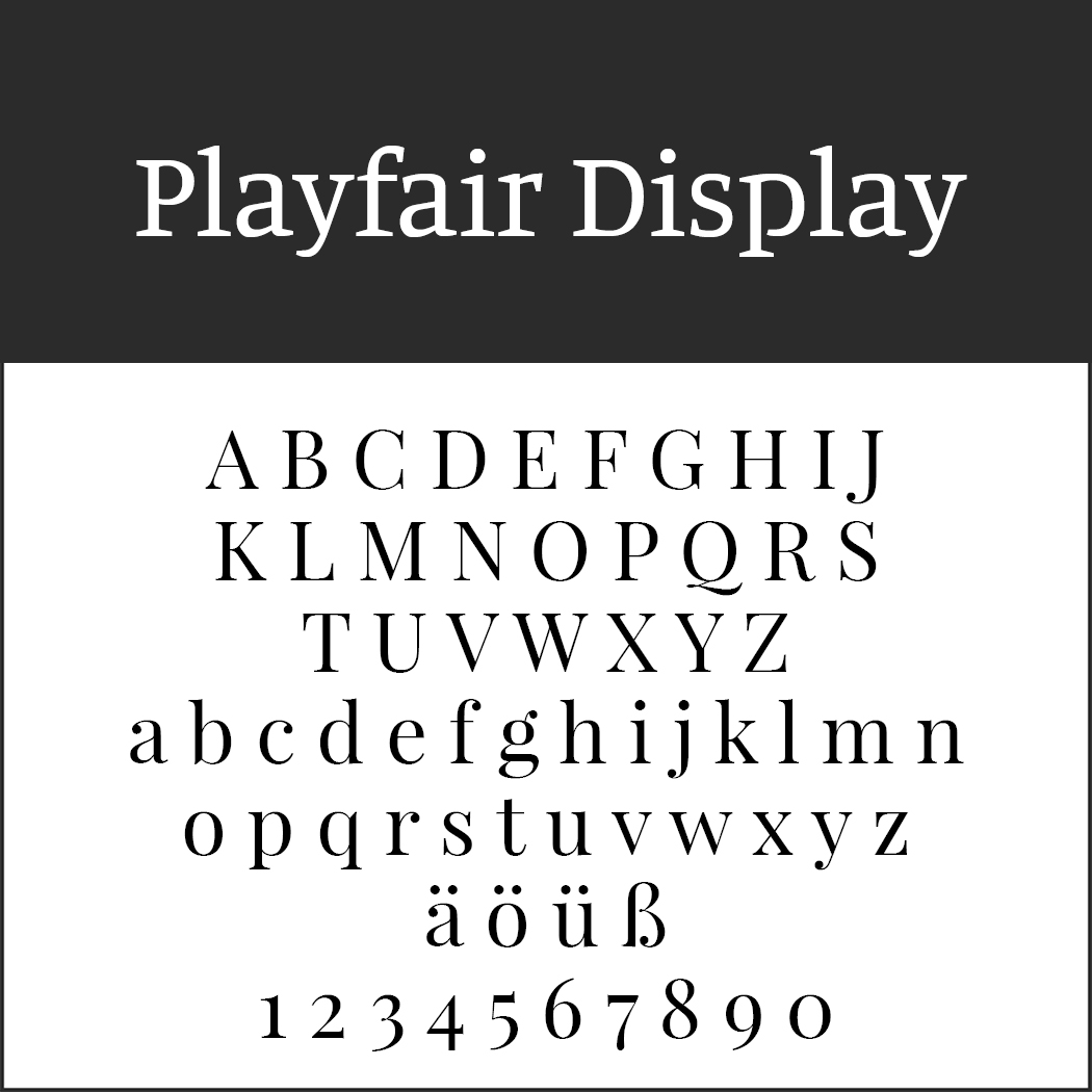 Bild zeigt die Schriftart „Playfair Display“ als Alternative zu Times New Roman: Großbuchstaben A–Z, Kleinbuchstaben a–z, Akzentbuchstaben ä, ö, ü und die Ziffern 0–9. Dieser klassische Serifenstil kommt elegant auf weißem Hintergrund zur Geltung.