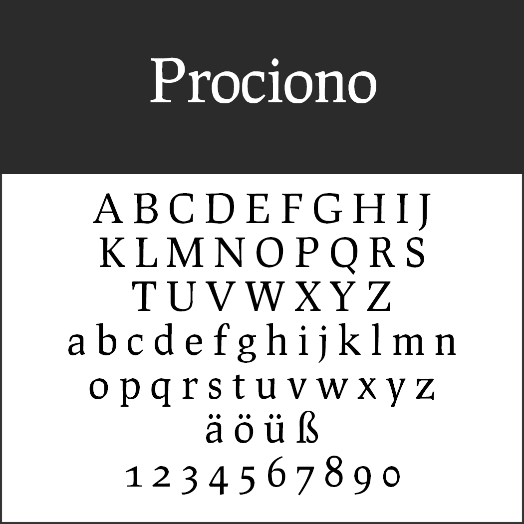 Ein Schriftbeispiel mit dem Titel „Prociono“ bietet eine Alternative zur Times New Roman. Es zeigt Groß- und Kleinbuchstaben, Sonderzeichen wie Umlaute und Eszett sowie die Ziffern 0 bis 9 in Serifenschrift.