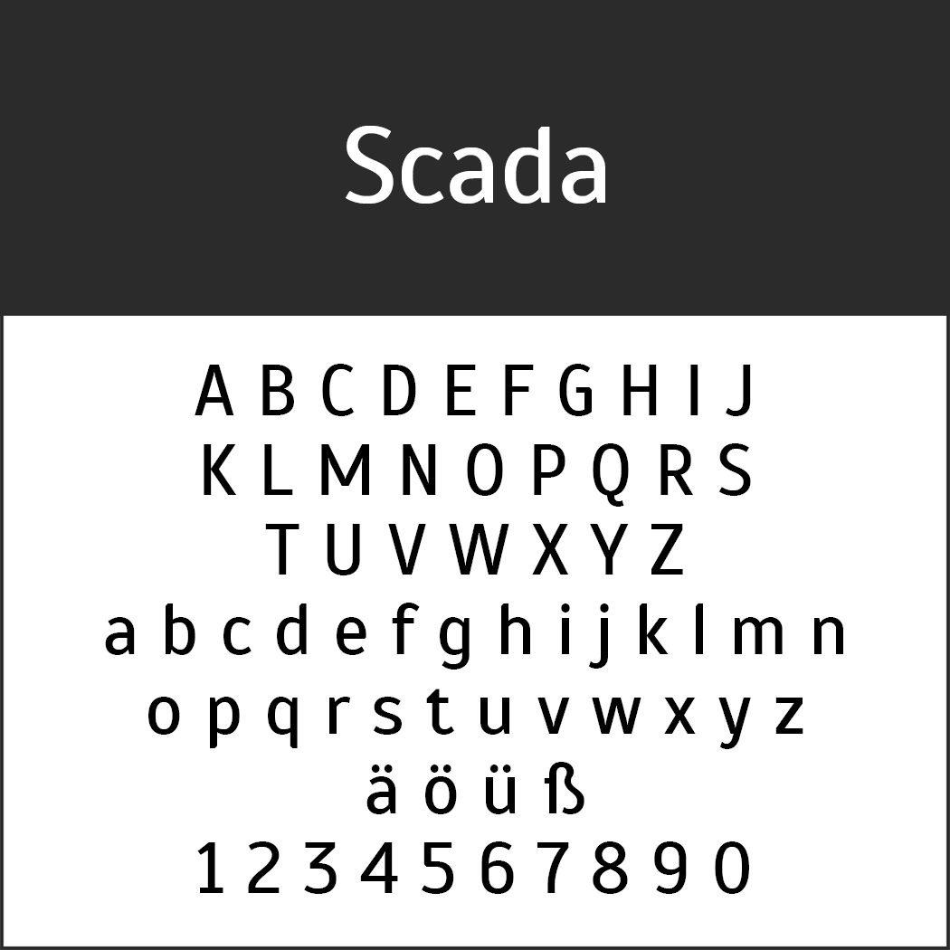 Schriftbeispiel von „Scada“ mit Groß- und Kleinbuchstaben, Akzentbuchstaben und den Zahlen 0–9 in einem klaren serifenlosen Stil auf weißem Hintergrund.