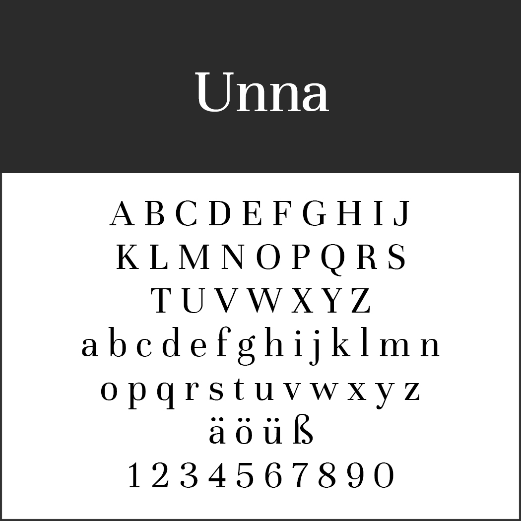 Schriftbeispiel mit der Schrift „Unna“ oben. Darunter erscheint das Alphabet in einer Serifenschrift, die an eine Alternative zu Times New Roman erinnert. Groß- und Kleinbuchstaben sind vorhanden, außerdem die Sonderzeichen ä, ö, ü, ß und die Ziffern 0 bis 9.