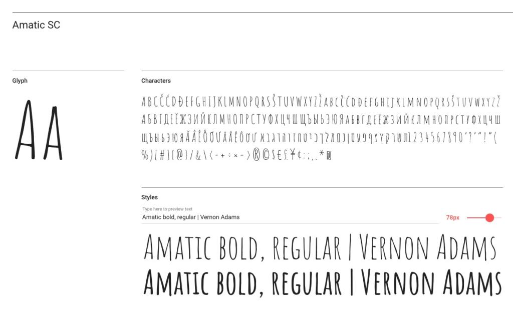 Screenshot der Schriftart Amatic SC auf Google Fonts. Sie enthält Groß- und Kleinbuchstaben, einen Zeichensatz und Beispieltext in Fett- und Normalschrift sowie einen einstellbaren Schriftgrößenregler.