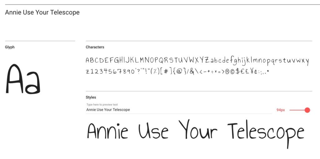 Ein Schriftbeispiel mit dem Titel „Annie Use Your Telescope“ zeigt Groß- und Kleinbuchstaben sowie Sonderzeichen. Der Schriftstil ist handschriftlich und verspielt. Eine große Textvorschau mit einstellbarer Größe lautet „Annie Use Your Telescope“.
