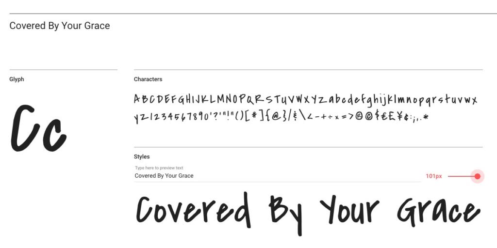 Ein Screenshot der Schriftart „Covered By Your Grace“ auf Google Fonts. Er zeigt das Symbol „Cc“, den Zeichensatz mit Buchstaben, Zahlen und Sonderzeichen sowie einen Beispieltext im Schriftschnitt in der Größe 101 Pixel.