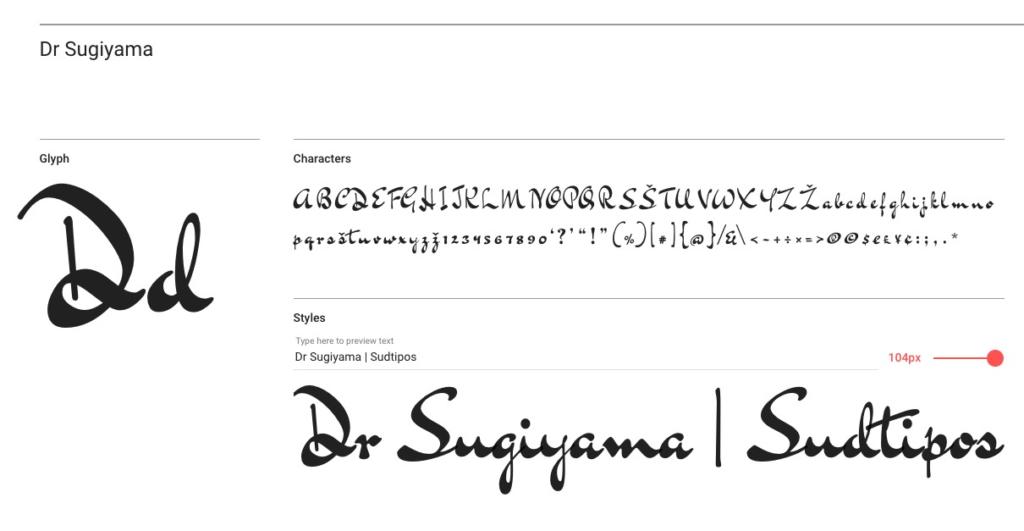 Screenshot der Schriftartseite von Google für Dr. Sugiyama. Zeigt handschriftliche Zeichen wie Buchstaben, Zahlen und Sonderzeichen. Der Name „Dr. Sugiyama“ erscheint in Schreibschrift, die Schriftgröße ist auf 104 pt eingestellt.