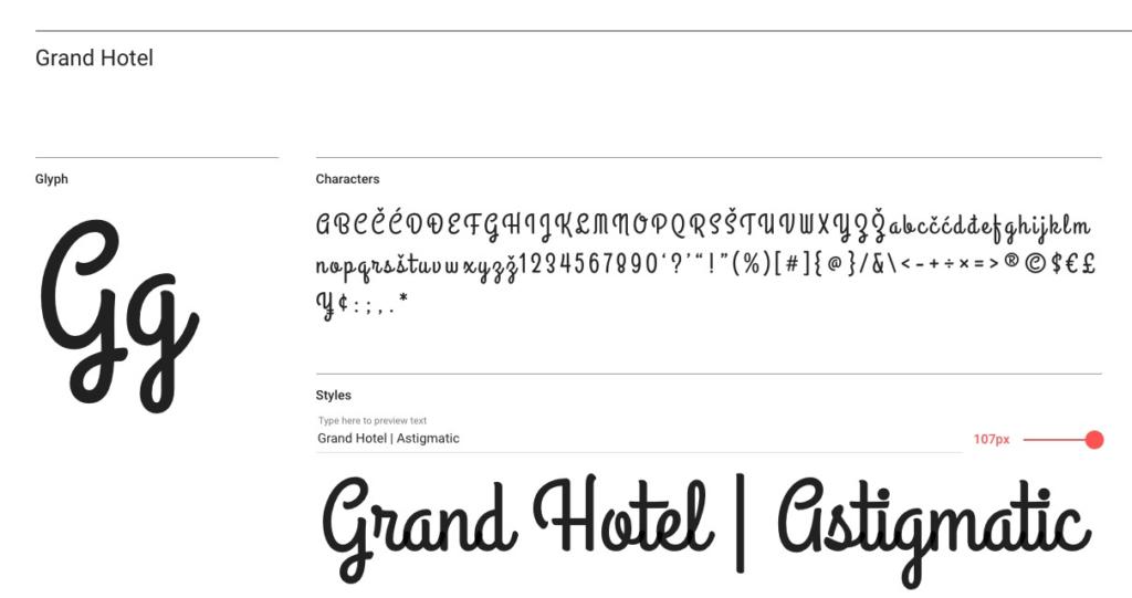 Ein Screenshot der Grand Hotel-Schriftseite zeigt das kursive „Gg“-Symbol. Der Zeichensatz besteht aus Buchstaben, Zahlen und Sonderzeichen. Der Stil stammt von Astigmatic und enthält den Beispieltext „Grand Hotel | Astigmatic“ in der Größe 107 Pixel.