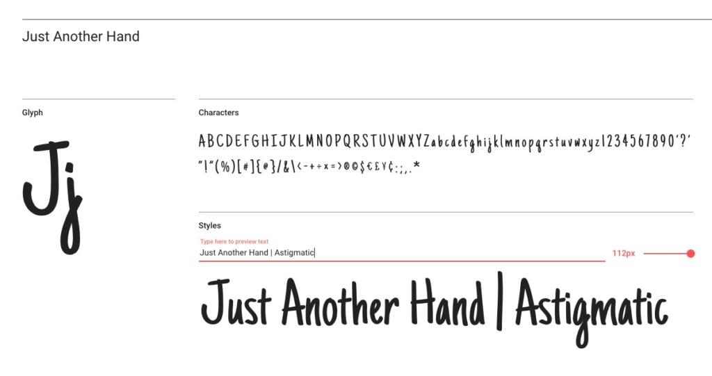 Screenshot der Google Fonts-Seite für die Schriftart „Just Another Hand“. Zeigt Groß- und Kleinbuchstaben, Zahlen und Sonderzeichen in handgezeichnetem Schreibschriftstil. Enthält eine Textvorschau mit anpassbarer Größe.