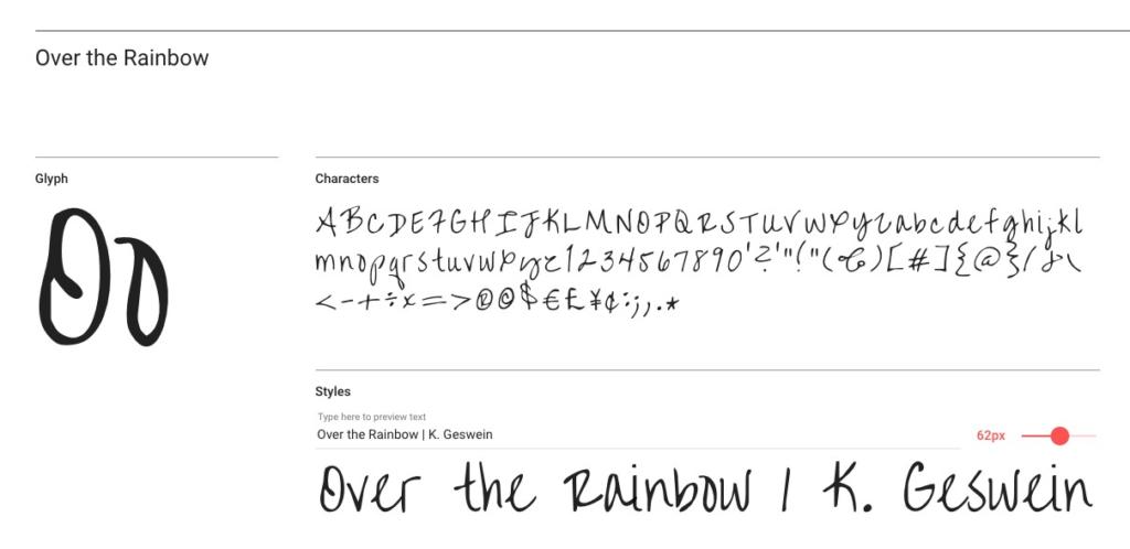 Stilisierte Handschriftschrift „Over the Rainbow“ von K. Geswein. Enthält Beispiele für Groß- und Kleinbuchstaben, Zahlen, Sonderzeichen und einen Vorschautext, der den Schriftstil präsentiert. Die Größe des Vorschautextes lässt sich mit einem Schieberegler anpassen.
