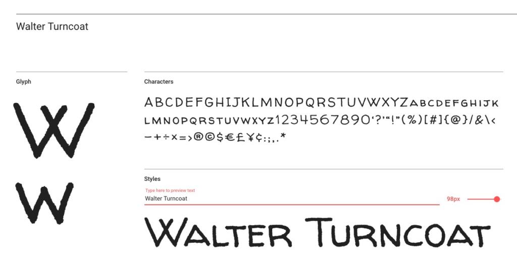 Beispielbild mit dem Titel „Walter Turncoat“. Es zeigt Groß- und Kleinbuchstaben, Zahlen und Sonderzeichen in einem lässigen, handschriftlichen Stil. Unten ist „Walter Turncoat“ groß geschrieben, um die Schriftdarstellung zu veranschaulichen.