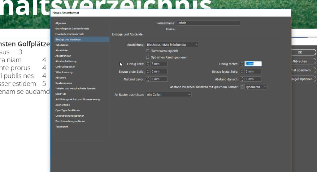 Screenshot einer Softwareoberfläche in deutscher Sprache mit einem Dialogfeld mit dem Titel „Neues Absatzformat“. Das Feld enthält verschiedene Optionen und Einstellungen für Textausrichtung, Einrückung und Abstand sowie numerische Eingabefelder und Dropdown-Menüs.