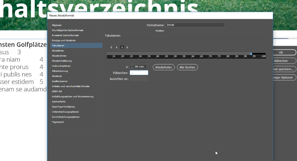 In einem Softwarefenster werden Einstellungen für Tabulatoren und Einzüge angezeigt. Optionen für Formatierung, Tabulatoren und Positionierung sind sichtbar, mit anpassbaren Maßeinheiten wie Abstand und Ausrichtung. Teilweise sichtbarer Text wird im Hintergrund angezeigt.