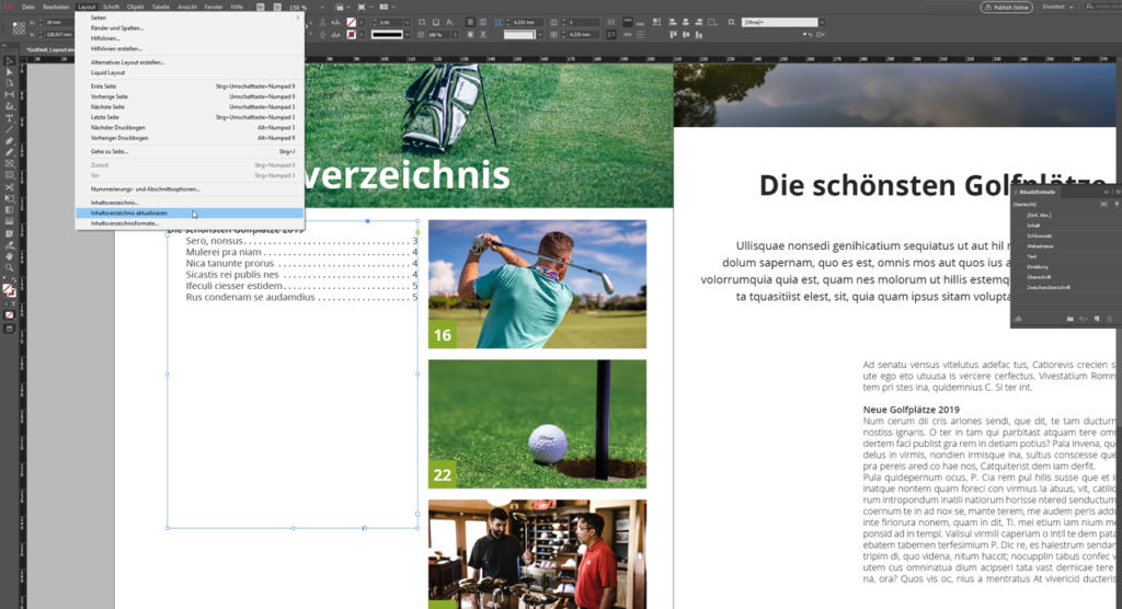 Auf einem Computerbildschirm wird eine Desktop-Publishing-Software im Magazin-Layout angezeigt. Das Layout ist im Golf-Stil gestaltet und zeigt einen Golfer beim Abschlag, einen Golfball auf dem Grün und eine Person in einem Pro-Shop. Verschiedene Fenster und Werkzeuge sind geöffnet.