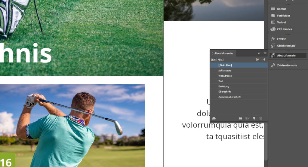 Eine Person in einem blauen Hemd schwingt einen Golfschläger auf einem Golfplatz. Das Foto ist auf einem Computerbildschirm zu sehen, auf dessen rechter Seite ein Layout-Editor mit Textoptionen angezeigt wird.