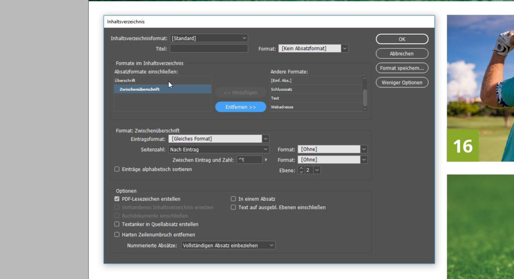Dialogfeld mit den Einstellungen zum Erstellen eines Inhaltsverzeichnisses in der Software. Zu den Optionen gehören Titelformatierung, Eingabeformate und Trennzeicheneinstellungen. Schaltflächen für OK, Abbrechen und Speichern werden rechts angezeigt.