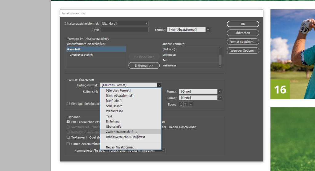 Screenshot einer Softwareoberfläche mit einem Inhaltsmenü-Einstellungsfenster mit verschiedenen Dropdown-Menüs und Schaltflächen. Optionen für die Formatierung wie „Standard“ und „Andere Formate“ sind sichtbar. Der Cursor schwebt über „Zwischenüberschrift“.