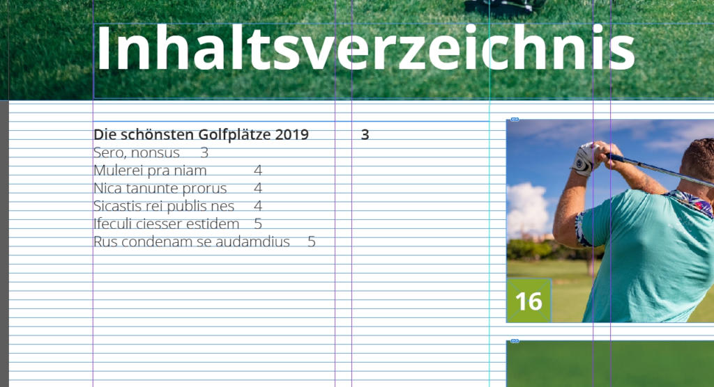 Titelseite eines Dokuments mit dem Titel „Inhaltsverzeichnis“ mit einer Auflistung der Einträge und Seitenzahlen. Rechts ein Foto einer Person, die einen Golfschläger schwingt, und die Zahl 16 in einem grünen Quadrat.