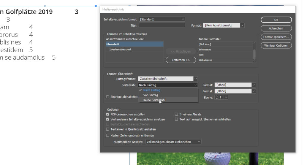Screenshot einer Computeroberfläche mit einem Menü zum Formatieren eines Inhaltsverzeichnisses in einem Dokument. Das Menü bietet Optionen wie Eingabestile, Formate und Ebenen. Ein Teil eines Dokuments mit dem Text „Golfplätze 2019“ und einem Bild eines Golfballs auf Gras ist sichtbar.