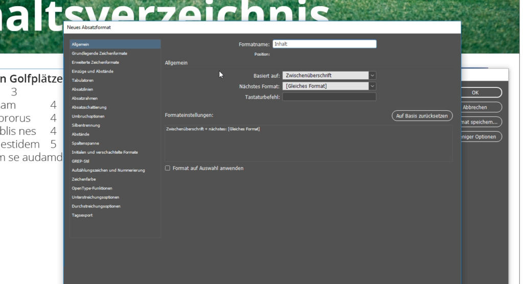 Screenshot eines Software-Oberflächenfensters mit dem Titel „Neues Absatzformat“ mit Optionen zum Definieren von Formatnamen, Stilen und Absatzeinstellungen. Das Fenster enthält eine Seitenleiste mit verschiedenen Formatierungskategorien.