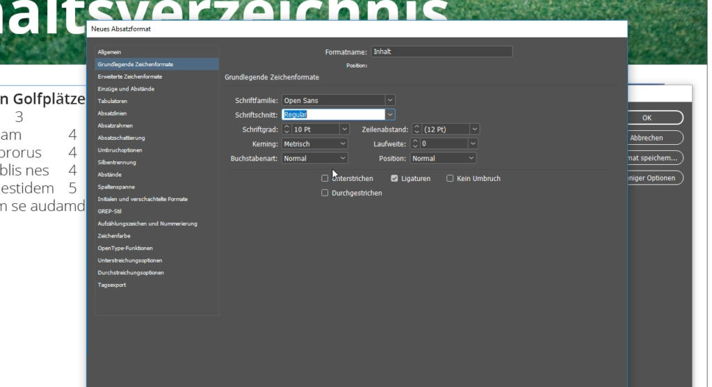 Screenshot einer Softwareoberfläche mit einem Einstellungsfenster mit dem Titel „Neues Absatzformat“. Es zeigt Schrifteinstellungen wie Stil, Größe, Unterschneidung und Position. Im Dropdown-Menü ist „Open Sans“ ausgewählt, und verschiedene Ausrichtungsoptionen sind sichtbar.