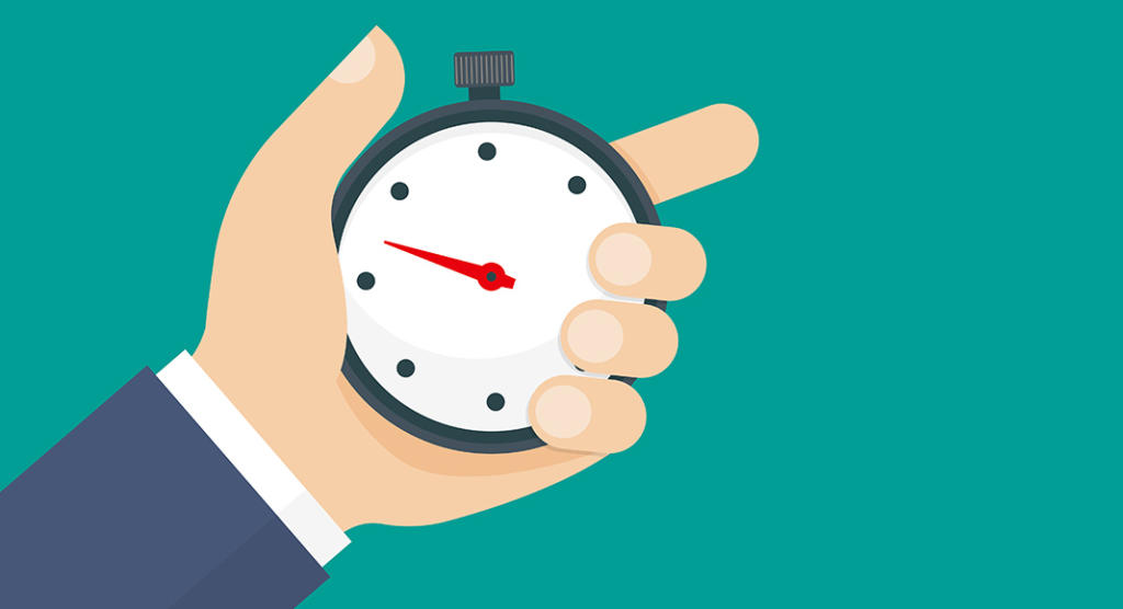 Illustration eines Zeigers, der eine Stoppuhr vor einem blaugrünen Hintergrund hält, was an die Pünktlichkeit eines Hauptredners erinnert. Die Stoppuhr hat ein weißes Zifferblatt, schwarze Ziffern und einen roten Sekundenzeiger. Der Zeiger ist in einen dunkelblauen Ärmel gehüllt, was der Szene Eleganz verleiht.