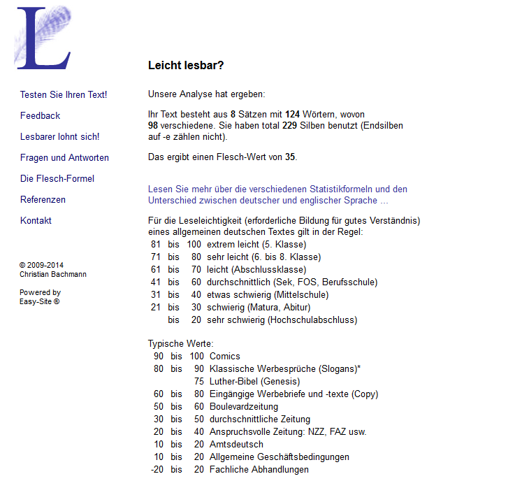 Ein Screenshot einer Textanalyse-Webseite zeigt oben ein großes „L“, das die Ergebnisse zusammenfasst: 8 Sätze, 124 Wörter und 229 Silben mit einem Flesch-Score von 35. Unten werden typische Flesch-Score-Bereiche erläutert, die mit verwandten Textarten wie Comics, Belletristik und wissenschaftlichen Arbeiten in Zusammenhang stehen.