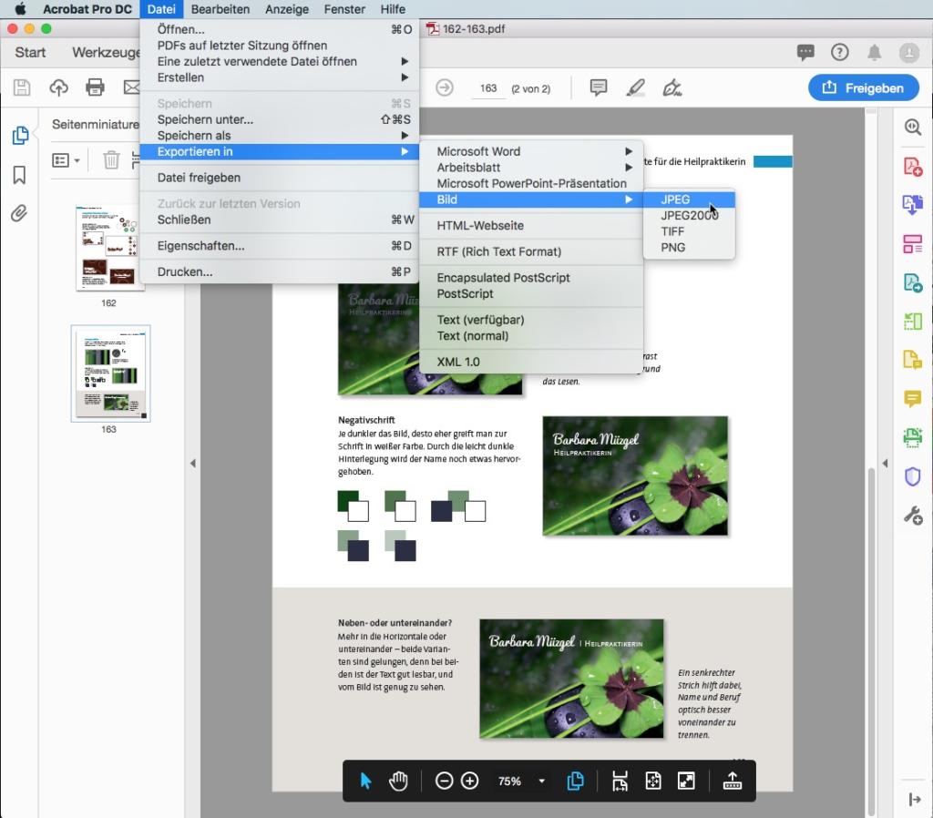 Screenshot der deutschsprachigen Benutzeroberfläche von Adobe Acrobat. Eine Datei mit Naturbildern ist geöffnet. Das Menü „Datei“ ist geöffnet und markiert „Exportieren“. Formate wie Microsoft Word und JPEG2000 sind sichtbar.