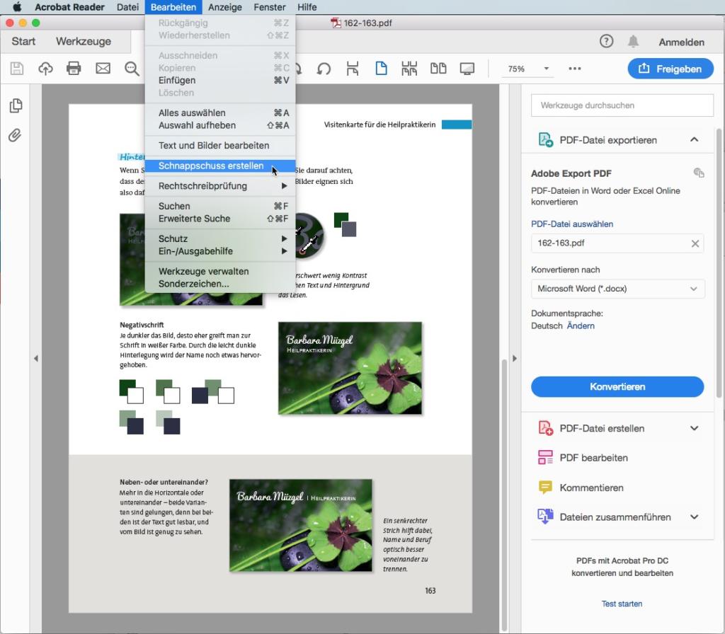 Screenshot des Adobe Acrobat Readers in Deutsch. Eine PDF-Datei ist geöffnet und zeigt Bilder einer Pflanze mit Text. Das Menü „Bearbeiten“ ist erweitert und markiert „Schnappschuss erstellen“. Die seitliche Symbolleiste bietet Funktionen wie PDF-Export und Kommentaroptionen.