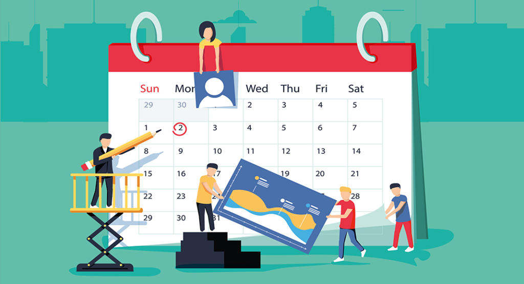 Illustration von Menschen, die mit einem großen Kalender interagieren. Eine Person steht auf einem Aufzug und markiert das Veranstaltungsdatum eines Hauptredners, eine andere trägt eine Tabelle, weitere steigen Treppen hinauf. Eine Person sitzt auf dem Kalender. Im Hintergrund ist die Skyline einer Stadt zu sehen.