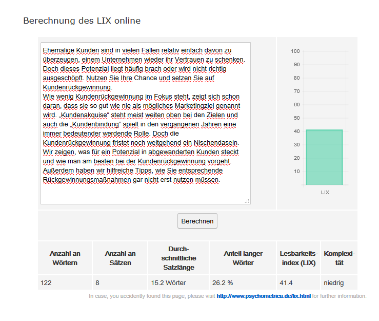 Ein Screenshot eines LIX-Lesbarkeitsanalyse-Tools zeigt Textanalyse in Aktion. Es zeigt einen deutschen Text mit Ergebnissen wie Wortanzahl, durchschnittlicher Satzlänge, Anteil langer Wörter und dem LIX-Score. Ein Balkendiagramm rechts veranschaulicht die Textkomplexität anschaulich.