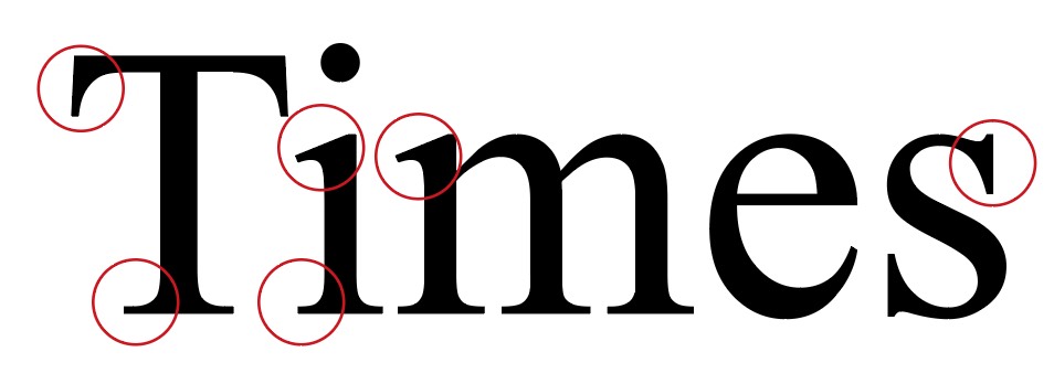 Das Wort „Times“ ist elegant in einer schwarzen Serifenschrift gehalten, wobei rote Kreise verschiedene Teile der Buchstaben, wie die Serifen und den Punkt über dem „i“, hervorheben. Der Hintergrund bleibt strahlend weiß, sodass jedes Detail klar hervortritt.