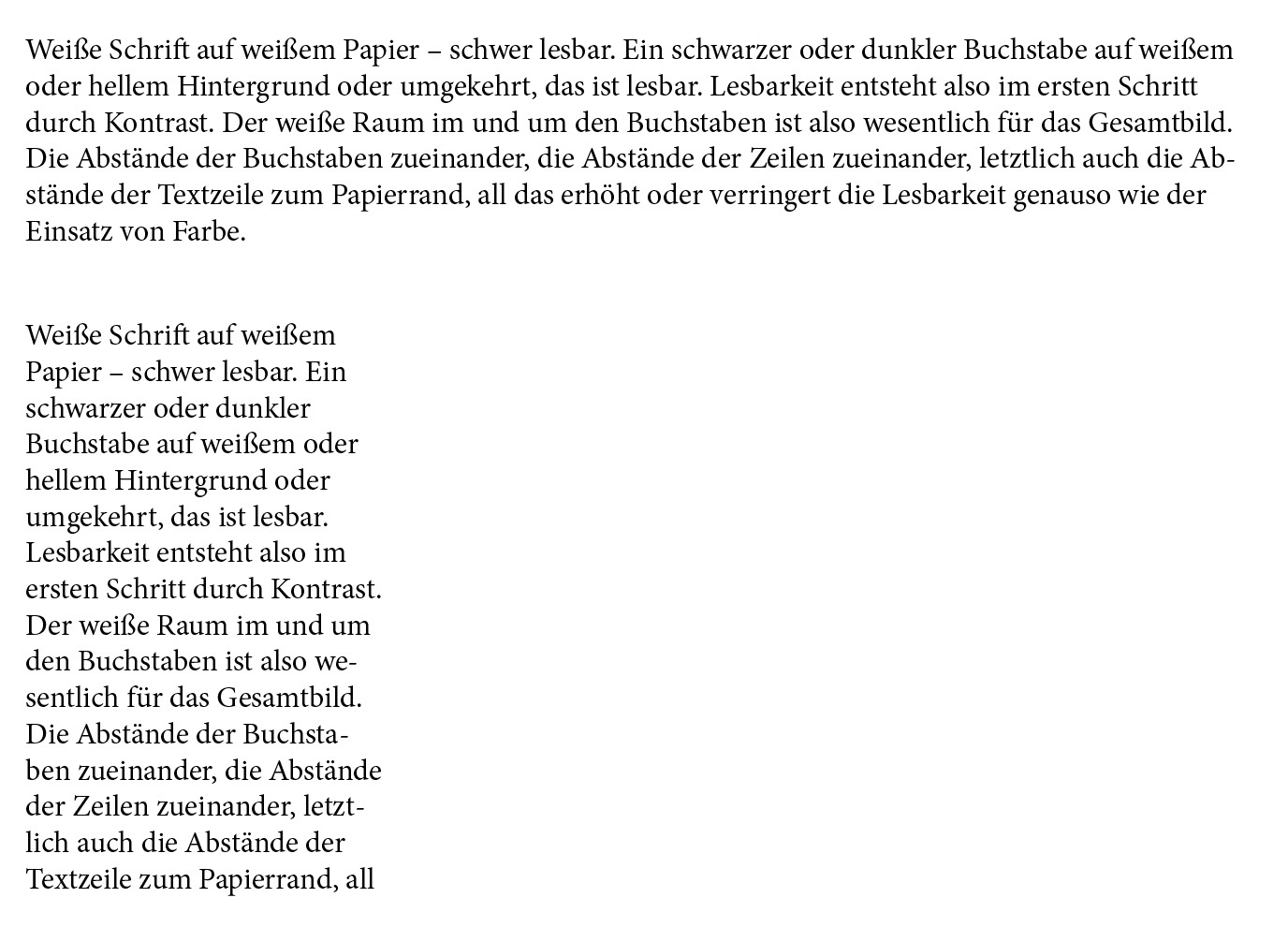 Dieses Bild zeigt einen deutschen Text zum Thema Lesbarkeit und untersucht die Grundlagen der Typografie. Es stellt schwarze/dunkle Buchstaben auf weißem/hellem Hintergrund und umgekehrt gegenüber. Der Text hebt die Bedeutung von Abständen und Farben für eine einfachere Lesbarkeit hervor, wobei identische Absätze in zwei Spalten angezeigt werden.