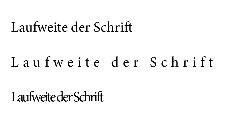Der Text „Laufweite der Schrift“ präsentiert Typografie Grundlagen in drei verschiedenen Stilen: mit engem Abstand, mit großem Abstand und in einer eleganten Schreibschrift.