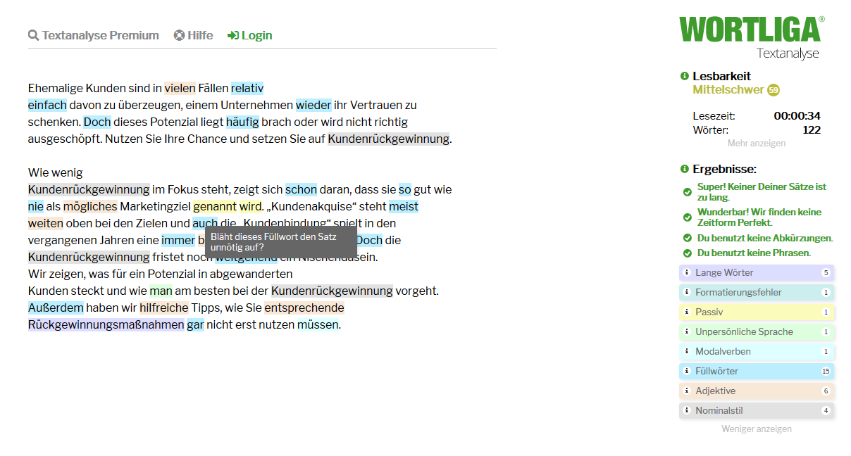 Screenshot eines Textanalyse-Tools, das eine deutschsprachige Passage zeigt, die in verschiedenen Farben unterstrichen ist und so unterschiedliche Feedback-Arten anzeigt. Im Seitenbereich werden Lesbarkeitsbewertung, Wortanzahl und Kategorien sowie Analyseergebnisse und Vorschläge angezeigt.