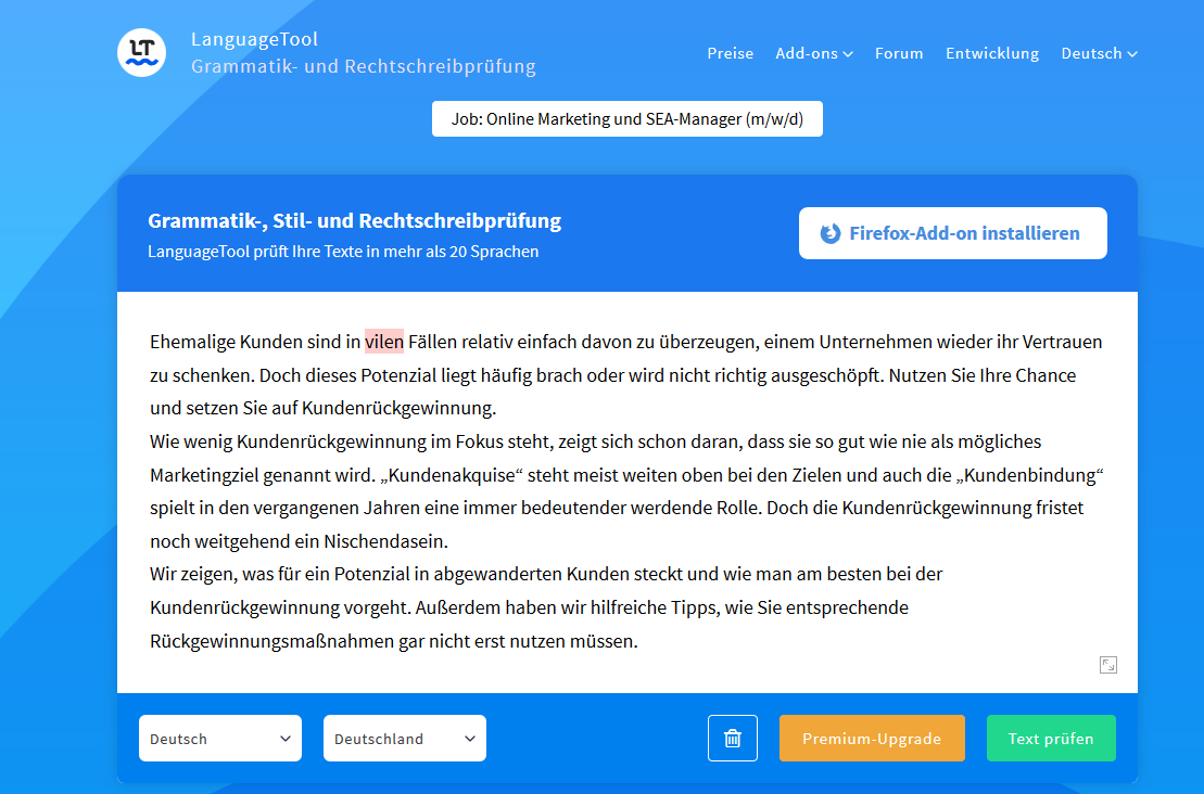 Screenshot der LanguageTool-Website mit Tools zur Grammatik-, Stil- und Rechtschreibprüfung. Enthält Text in deutscher Sprache über potenzielle Kunden und verbessert die Benutzerfreundlichkeit. Enthält Textanalyse-Optionen zur Länderauswahl, ein Premium-Upgrade und die Installation des Firefox-Add-ons.