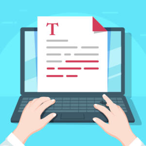 Abbildung: Hände tippen auf einer Laptop-Tastatur. Auf dem Bildschirm erscheint vor hellblauem Hintergrund ein Dokument mit rot-schwarzem Text, der auf einen Textanalyseprozess hindeutet.