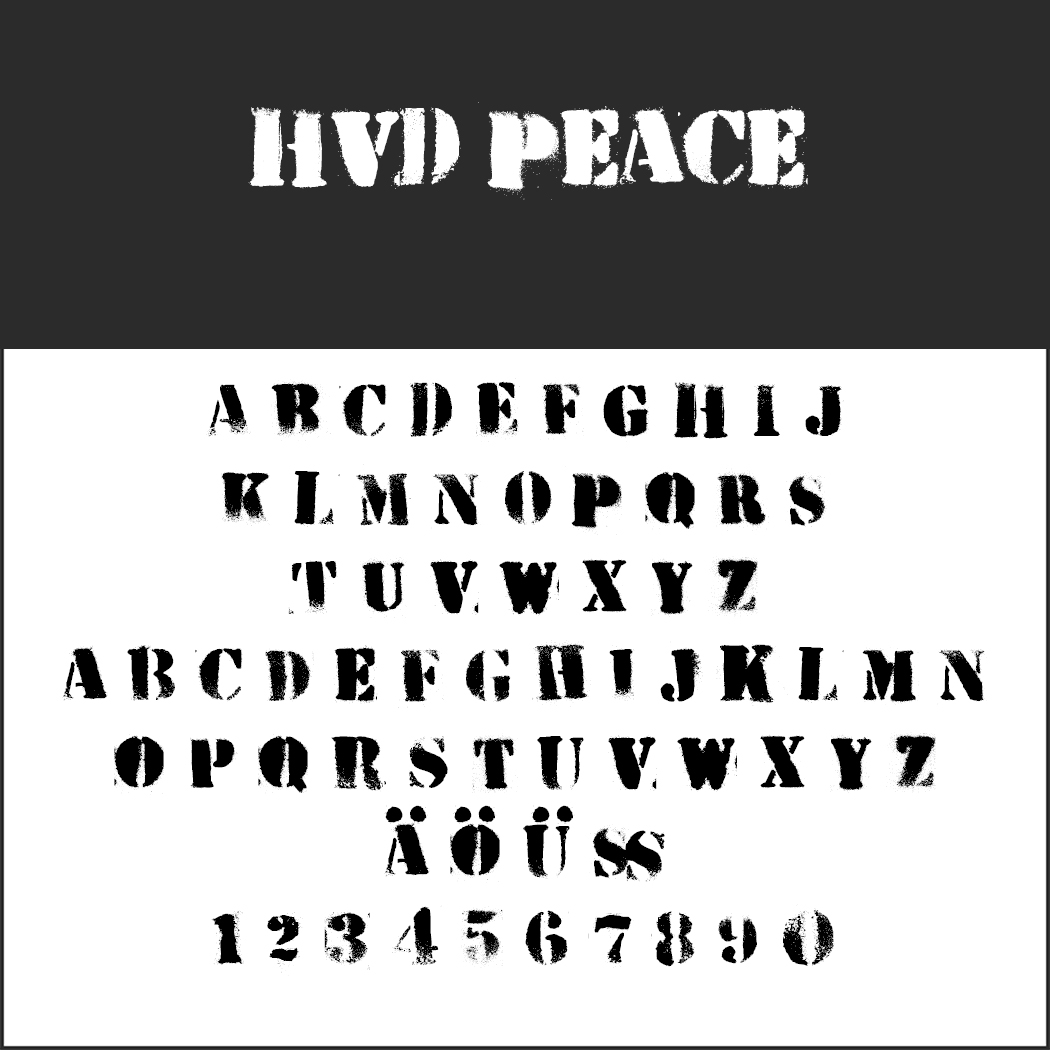 Schriftmuster im Schablonenstil mit dem Titel „HVD Peace“ in Großbuchstaben und Zahlen, erinnert an Graffiti-Schrift. Enthält die Sonderzeichen: Ä, Ö, Ü, ß. Der Text erscheint in Schwarz auf weißem Hintergrund.