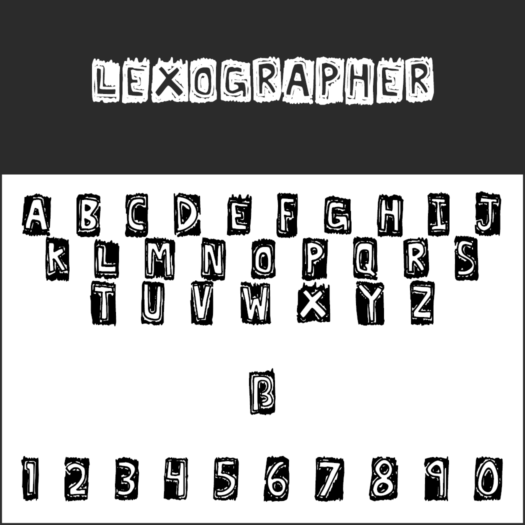 Schwarz-weißes Alphabet und Zahlen im skizzenhaften Graffiti-Stil. Oben steht das Wort „Lexographer“, gefolgt von einem vollständigen Großbuchstabenalphabet und den Ziffern 0–9. Jedes Zeichen zeichnet sich durch eine unverwechselbare handgezeichnete Schrift auf schwarzem Hintergrund aus.