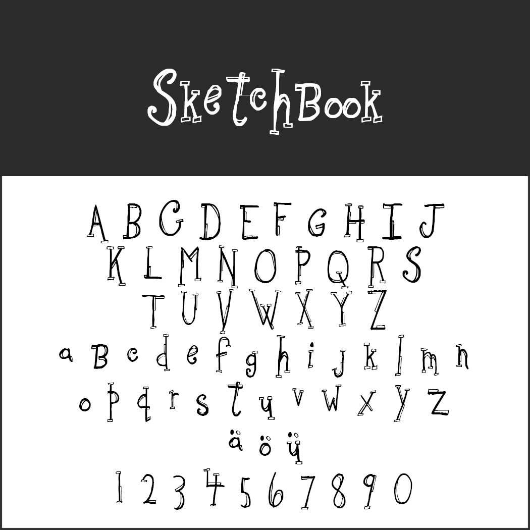 Das Bild zeigt einen skurrilen Schriftstil namens „SketchBook“, der an Graffiti-Schrift erinnert. Er enthält Großbuchstaben A–Z, Kleinbuchstaben A–Z, die Sonderzeichen ä, ö, ü und die Zahlen 0–9 – alles in einem verspielten, handgezeichneten Stil.